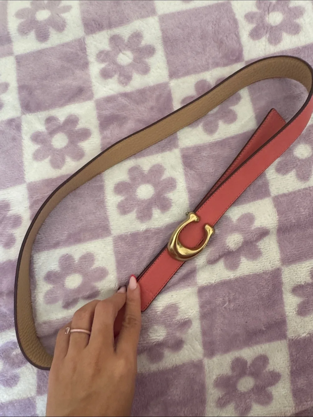Coach Coral Leather Belt with Gold Signature Buckle